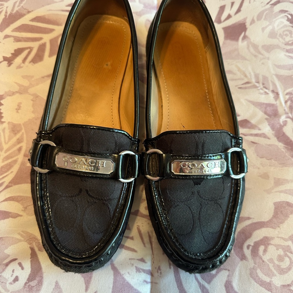 Coach Black Leather Flats with Silver Buckle